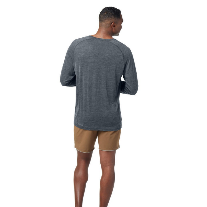 Smartwool Men's Active Ultralite Long Sleeve Tee (SW016546) mod in charcoal Heather back view. A lightweight, breathable merino wool blend t-shirt designed for active outdoor performance.
