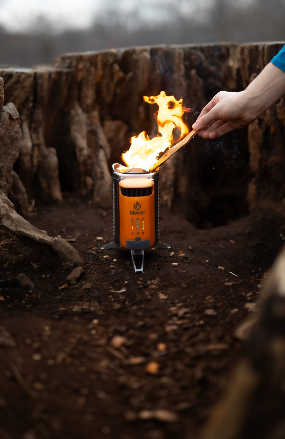 BioLite CampStove 2+ being lit with wood