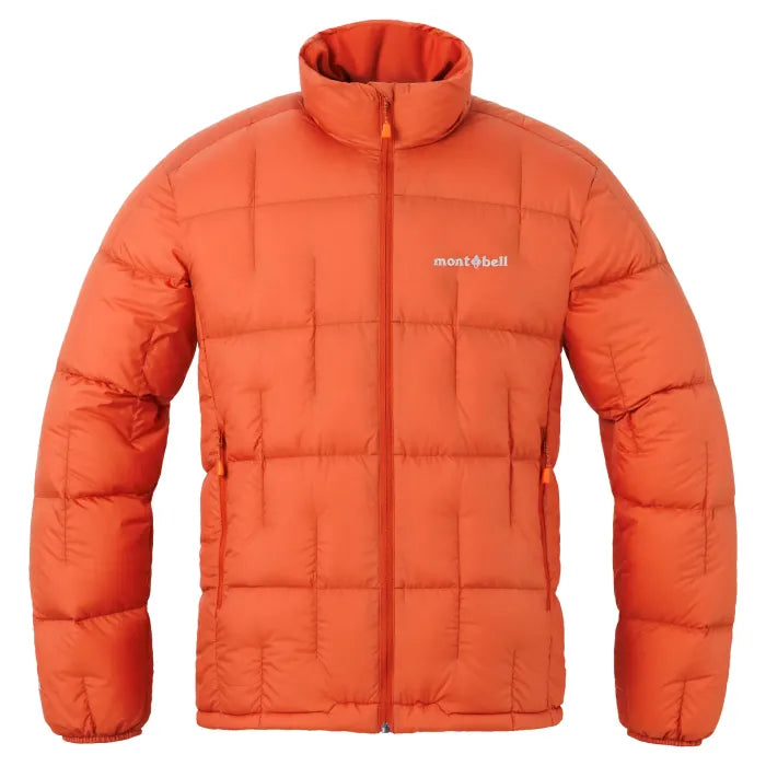 Montbell Neige Down Jacket men's in orange, collared down jacket with box quilting, front view