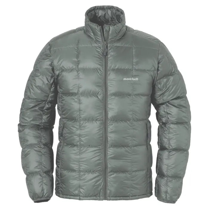 Montbell Superior Down Jacket men's in grey, collared down jacket with horizontal box quilting, front view