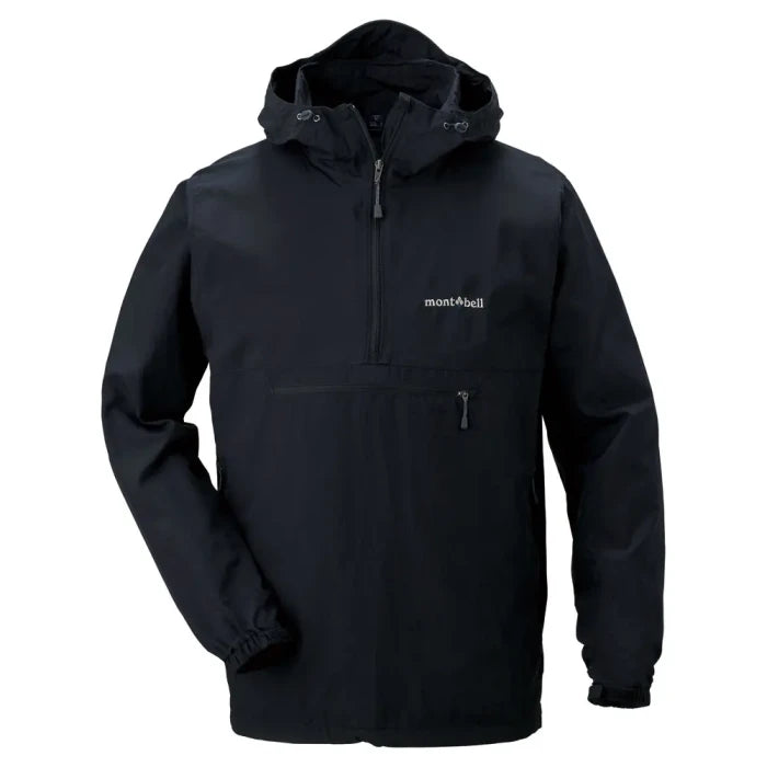Montbell O.D. Anorak in black, hooded half-zip pullover with zipped chest pocket, front view