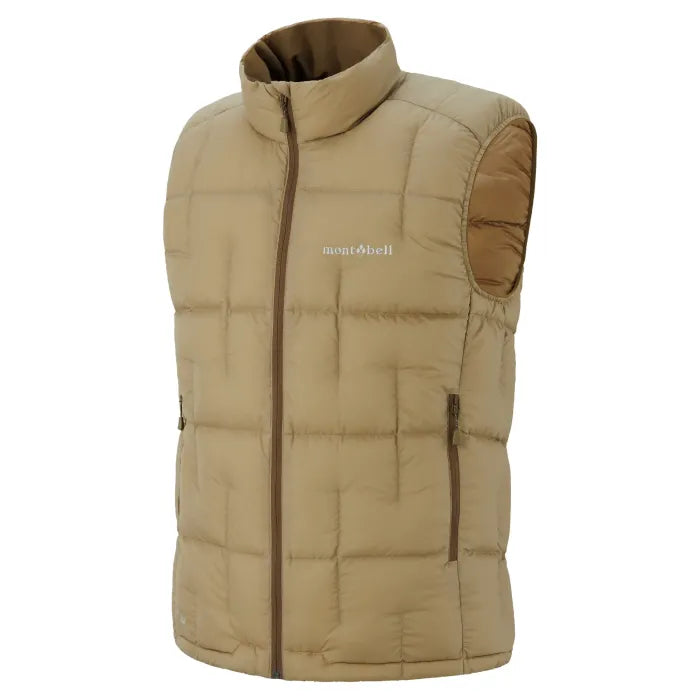 Montbell Neige Down Vest men's in tan, collared down vest with contrast shoulder panel, front view