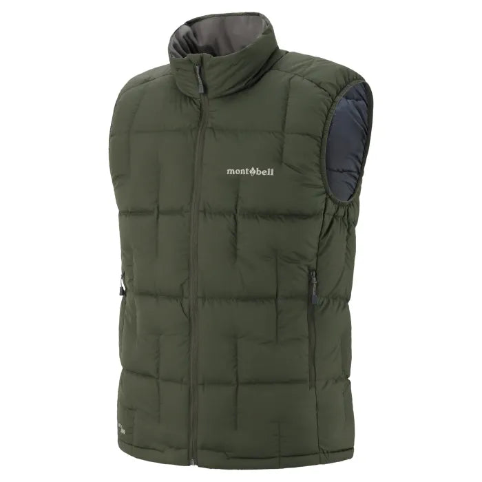 Montbell Neige Down Vest men's in dark green, collared down vest with contrast shoulder panel, front view