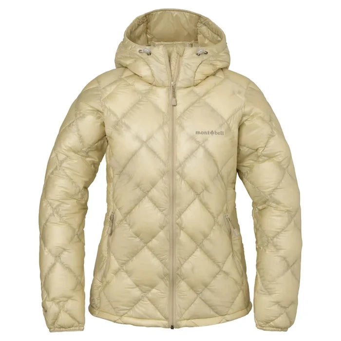 Montbell Superior Down Parka women's in ivory, hooded down jacket with diamond quilting, front view