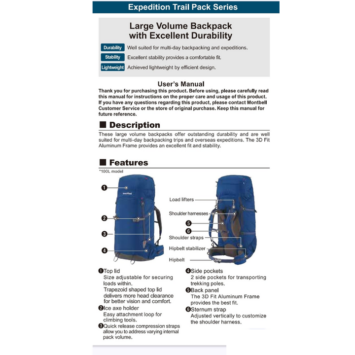 Montbell Backpack Expedition Trail Pack 80L - Indigo (Unisex)