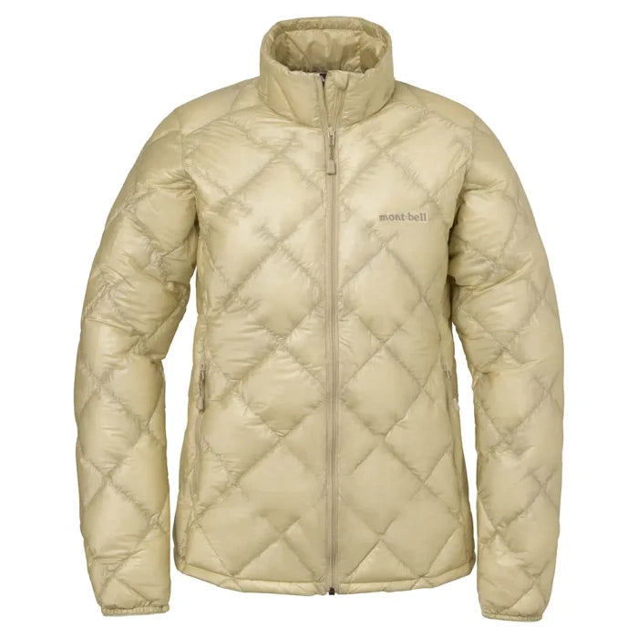 Montbell Superior Down Jacket women's in ivory, collared down jacket with diamond quilting, front view