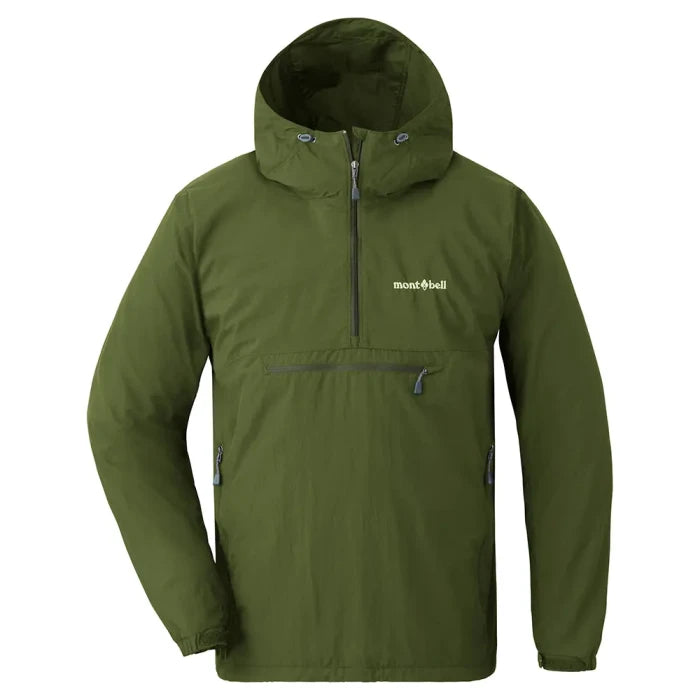 Montbell O.D. Anorak in dark green, hooded half-zip pullover with zipped chest pocket, front view