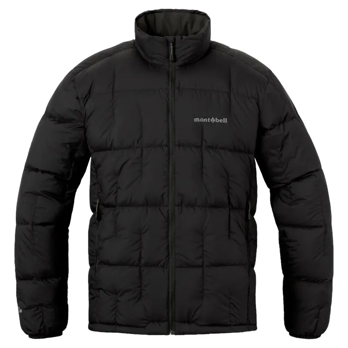 Montbell Neige Down Jacket men's in black, collared down jacket with box quilting, front view