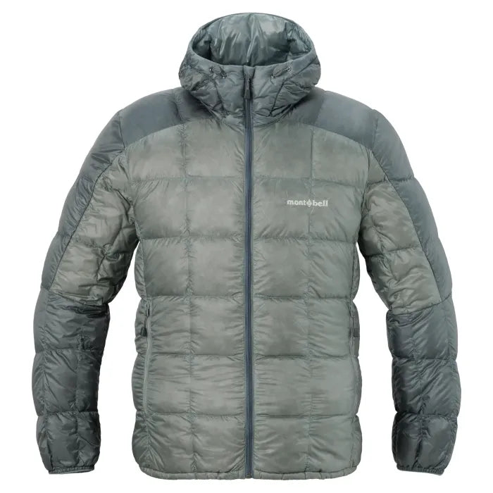Montbell Superior Down Parka men's in grey, hooded down jacket with darker grey shoulder and sleeve panels, front view