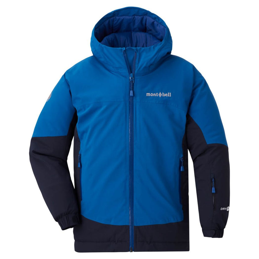 Montbell Kids' Powder Step Parka in Blue featuring lightweight EXCELOFT insulation and waterproof DRYTEC fabric for winter sports—available in Singapore at X-Boundaries.