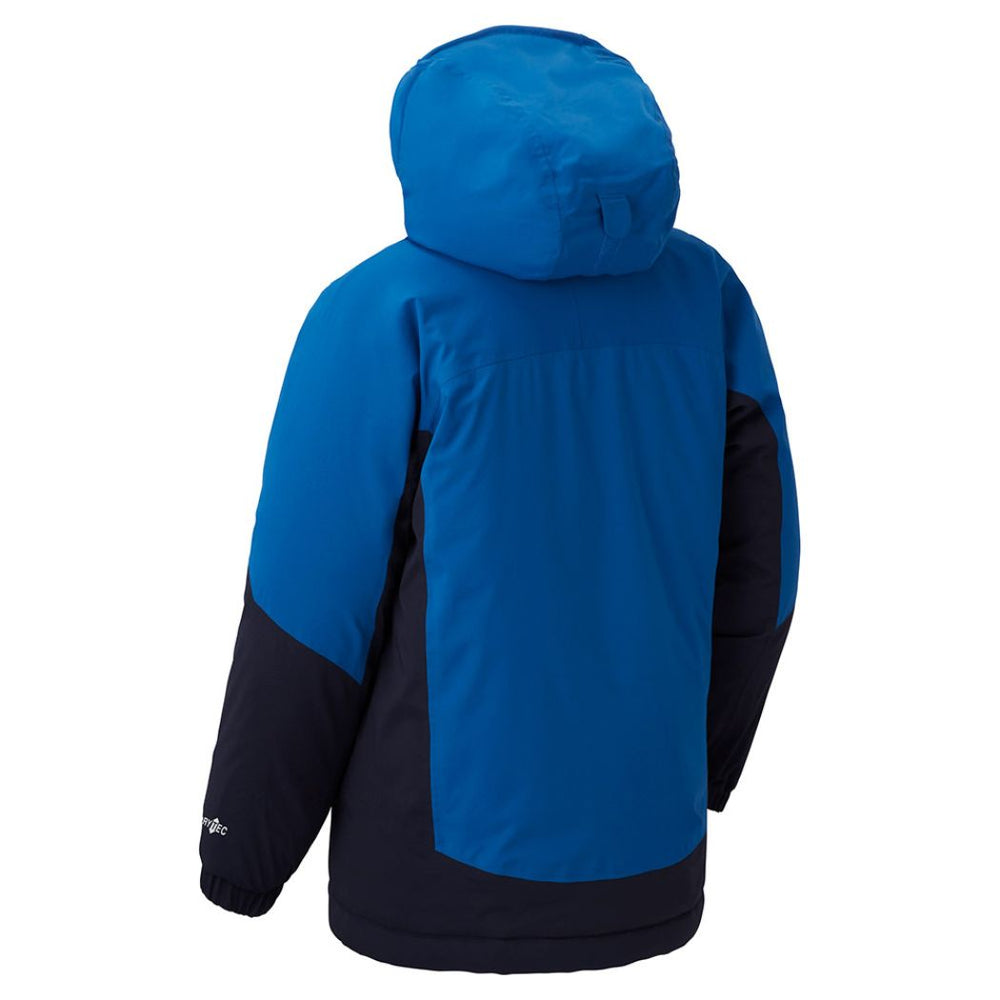 Montbell Kids' Powder Step Parka in Blue featuring lightweight EXCELOFT insulation and waterproof DRYTEC fabric for winter sports—available in Singapore at X-Boundaries.